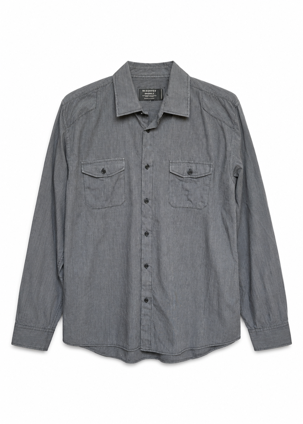 Reserved charcoal grey long-sleeve shirt with two buttoned flap chest pockets and a pointed collar