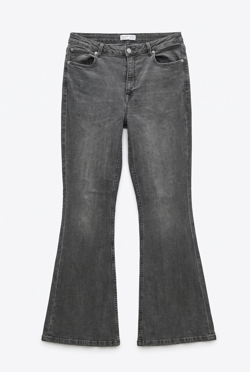 Charcoal grey flared jeans on a clean white background