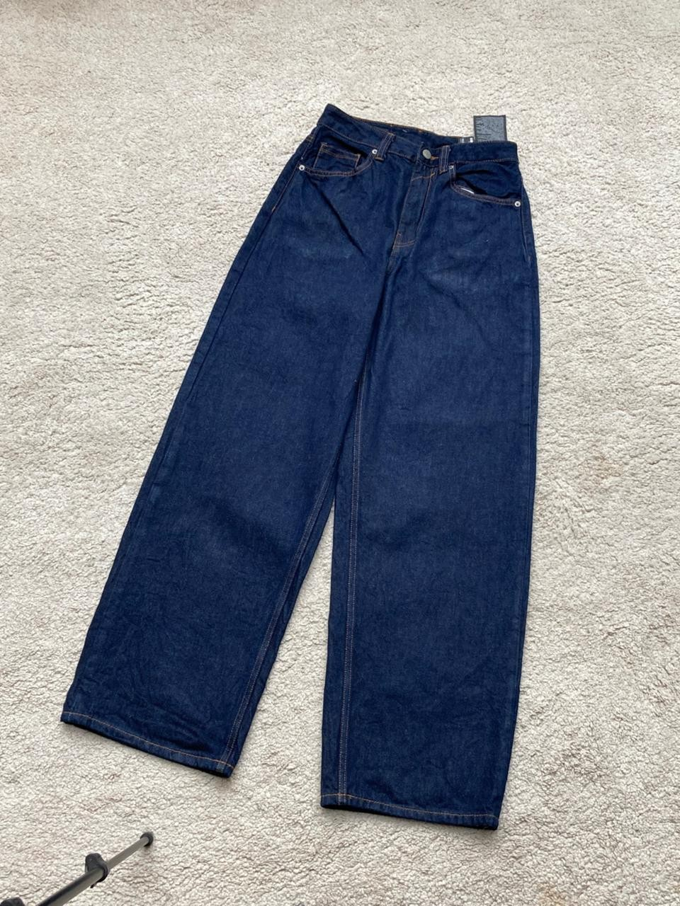 Original photo of dark indigo wide-leg jeans