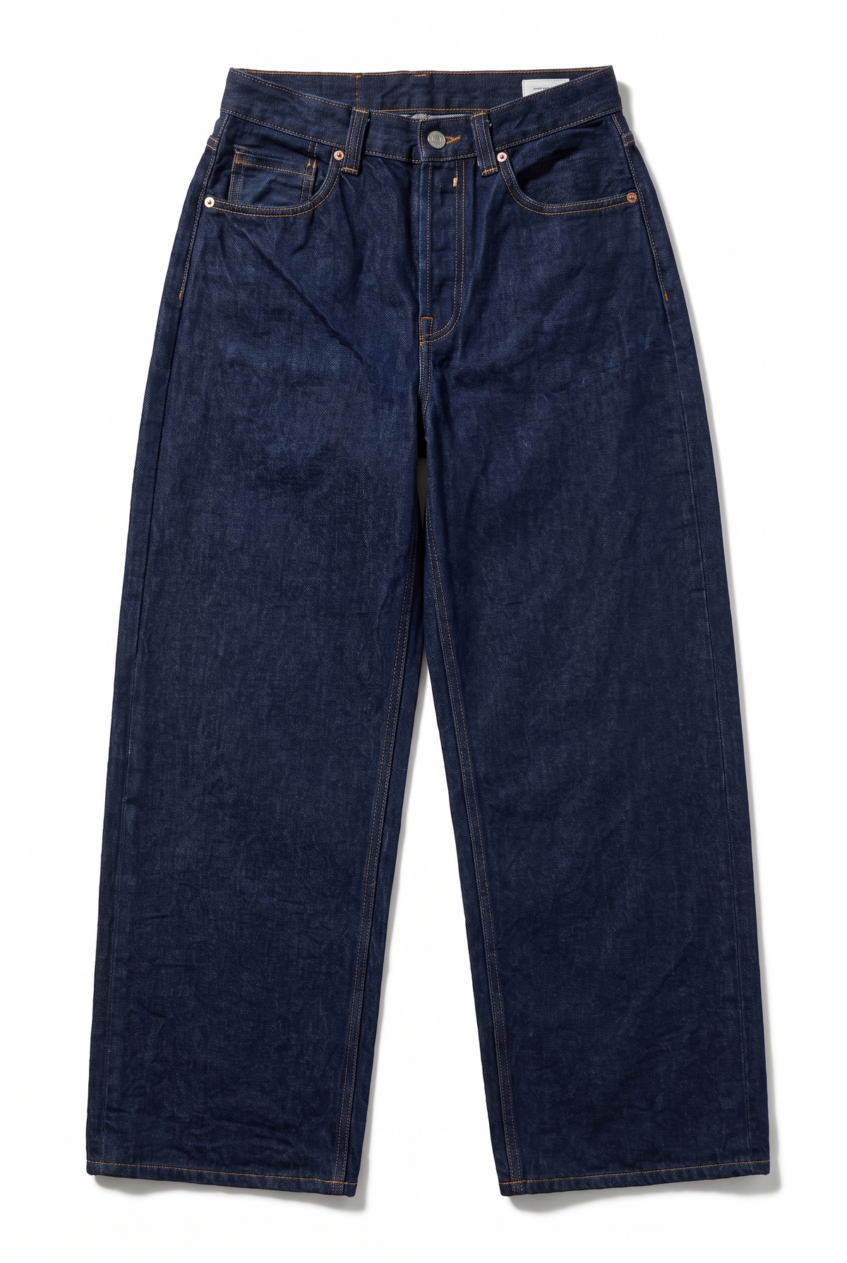 Dark indigo wide-leg jeans on a clean white background
