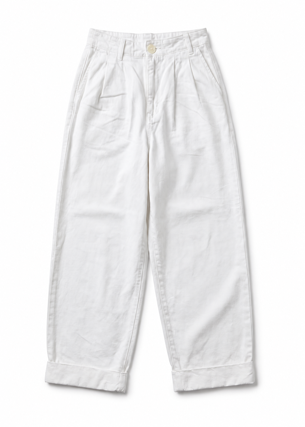White pleated wide-leg trousers on a clean white background