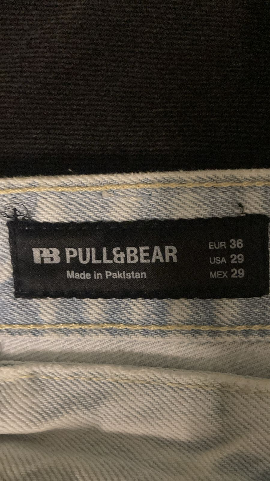 Pull&Bear size label close-up showing EUR 36 and USA 29