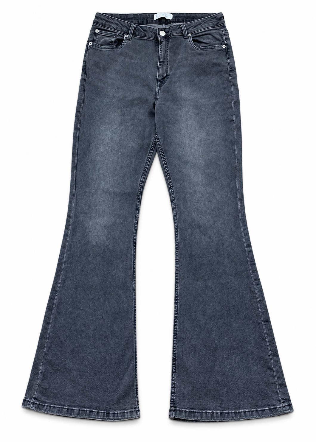 Faded charcoal flared jeans on a white background