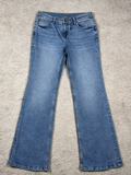 Mid-wash blue bootcut jeans, front view