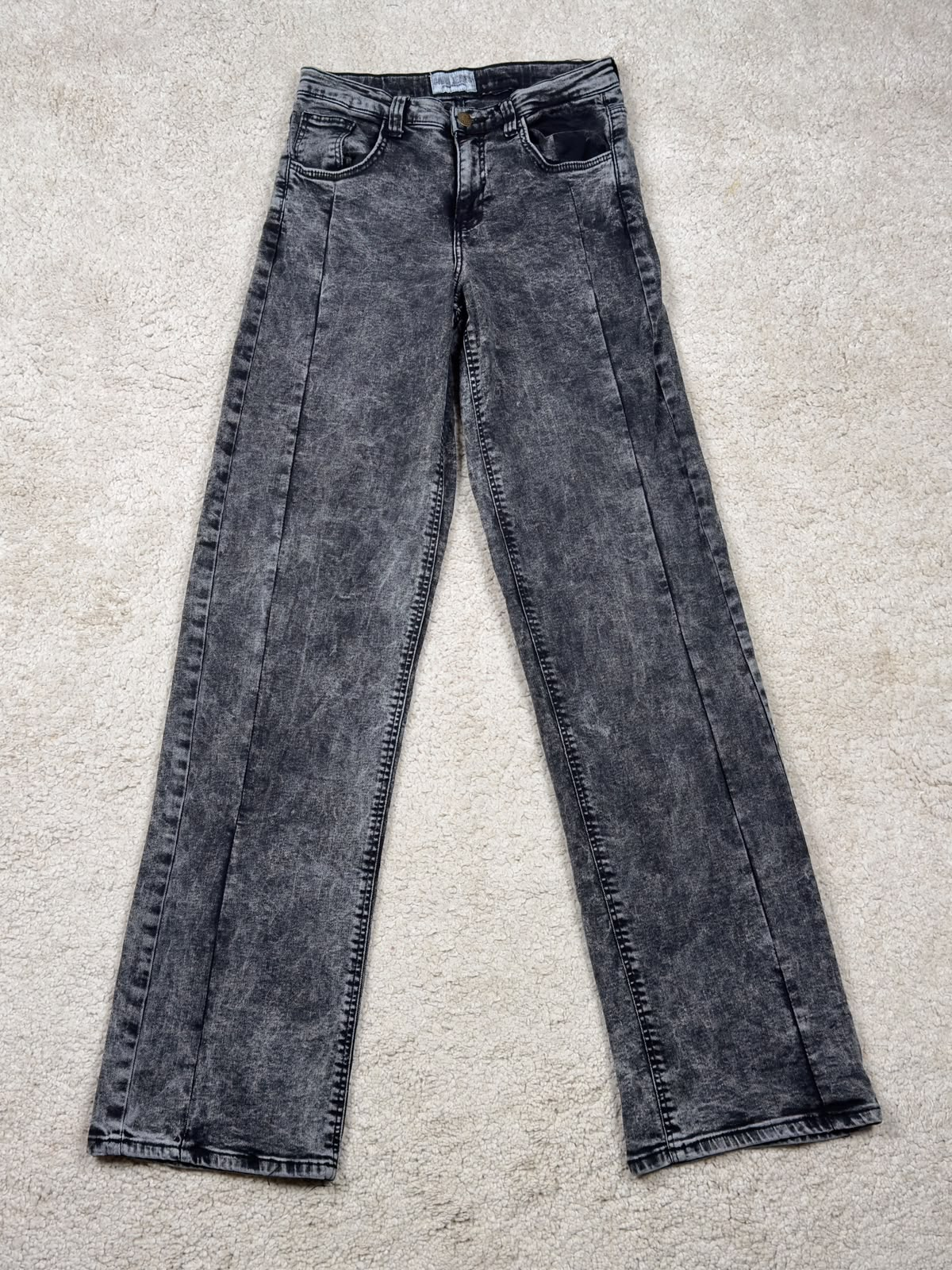 Washed charcoal grey straight-leg jeans, front view