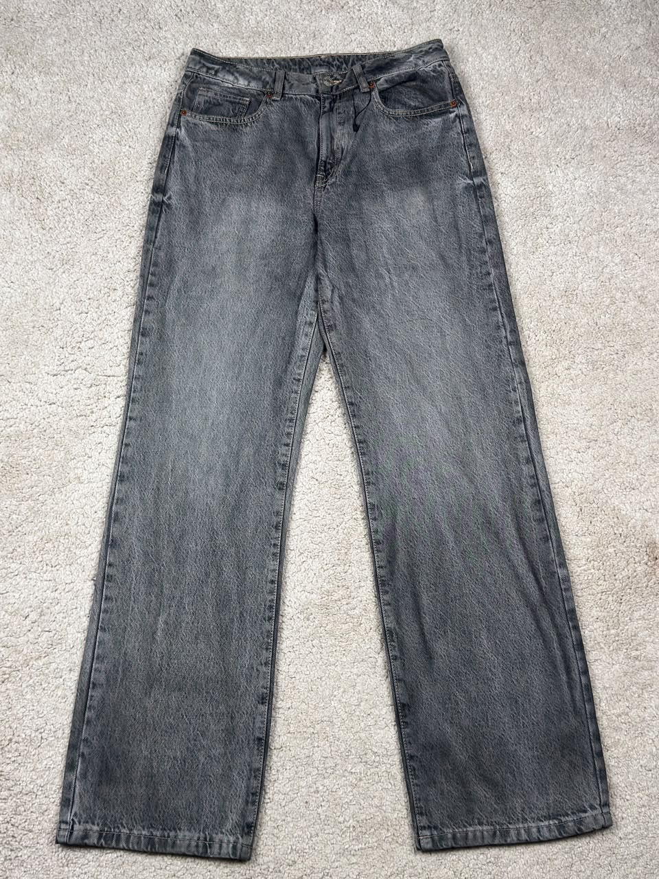 Washed grey wide-leg jeans, front view