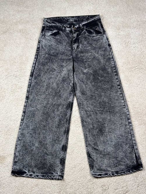 Acid-wash charcoal wide-leg jeans, front view