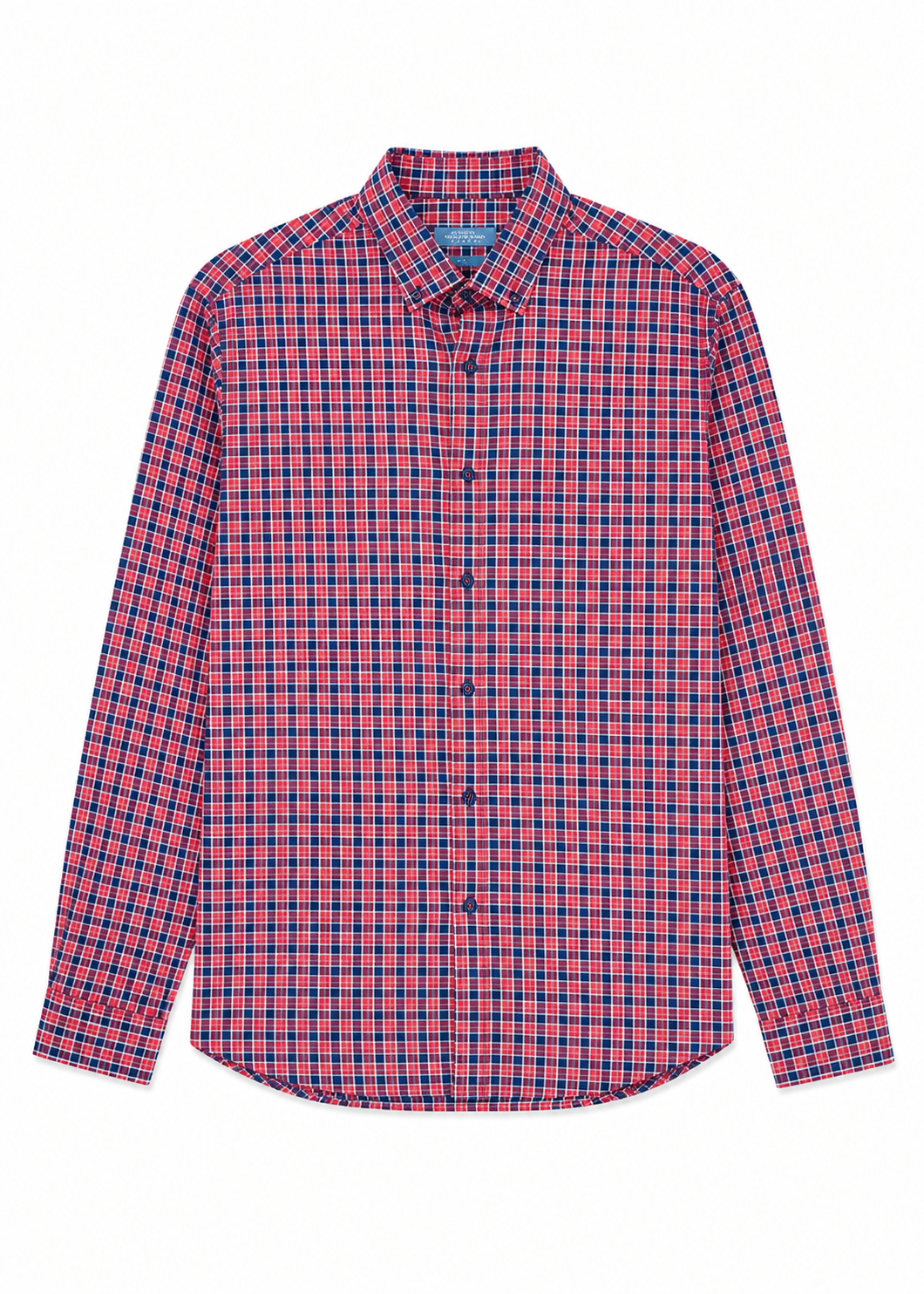 Red, navy and white check long-sleeve shirt on pure white background