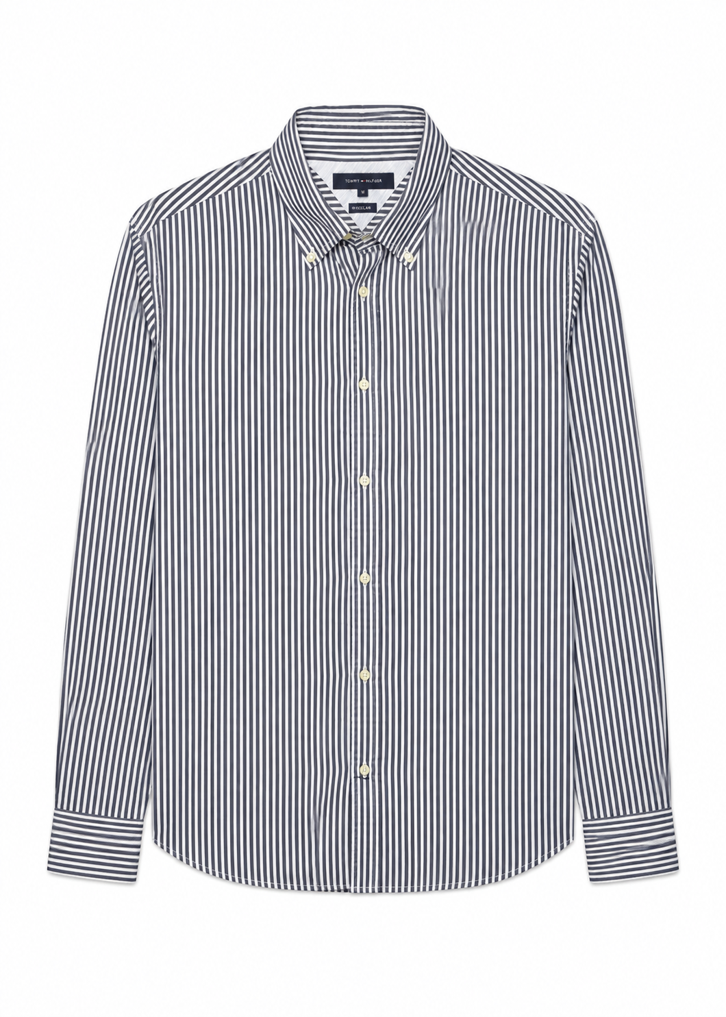 Tommy Hilfiger navy and white striped long-sleeve shirt on pure white background