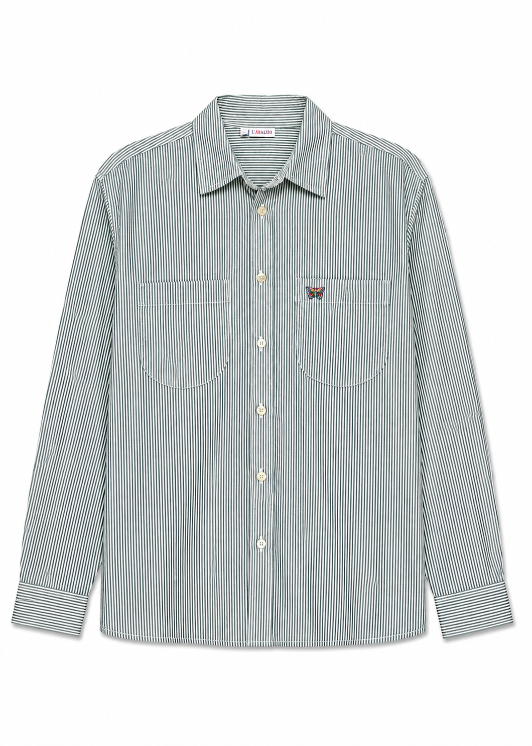 L’Araldo grey and white pinstriped double-pocket shirt on pure white background